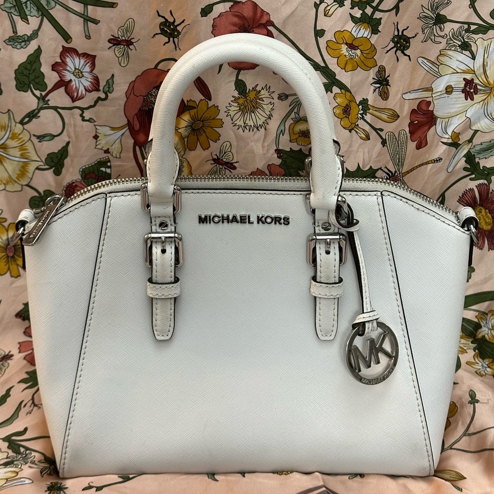 Michael Kors Ciara Medium Saffiano Leather Messenger Optic White Sliver
